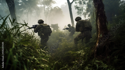 A squad of soldiers moving stealthily throug a jungle