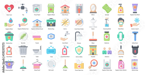 Hygiene Flat Icons Healthcare Hand Wash Icon Set in Color Style 50 Vector Icons 