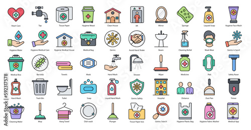 Hygiene Color Line Icons Healthcare Hand Wash Icon Set in Filled Outline Style 50 Vector Icons 