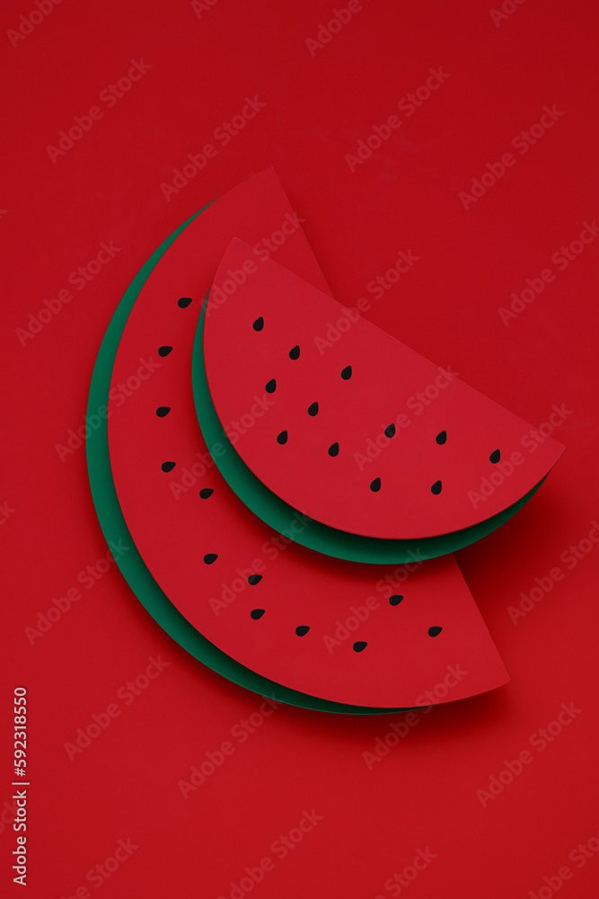 Geometric platform as a slice of watermelon. Semicircular green and red podiums on a red background. Stylish background for presentation food, vegetables, fruits, show products of market, empty mockup Geometric platform as a slice of watermelon. Semicircular green and red podiums on a red background. Stylish background for presentation food, vegetables, fruits, show products of market, empty mockup