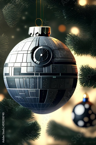 death star from star wars christmas ornament hanging from christmas tree, highly detailed, photorealistic, cinematic, ray tracing - generative ai