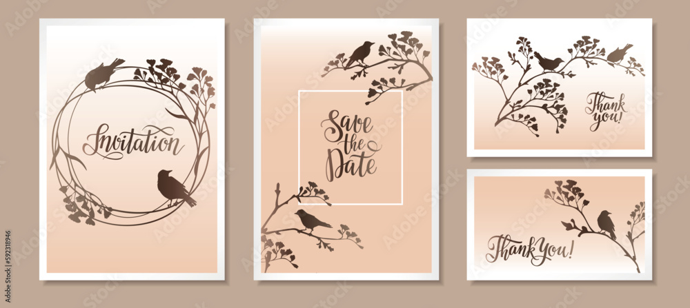 Invitation cards in spring style with silhouette of flowering branches and birds.