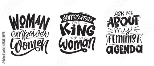 Set with lettering slogans about girl power, feminism. Funny quotes for blog, poster and print design. Modern calligraphy texts about self care. Vector illustration