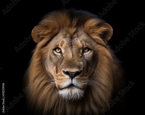 Detailed portrait of a lion s face  isolated on black background. generative ai