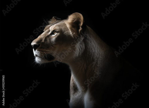 Detailed portrait of lioness face, isolated on black background. generative ai