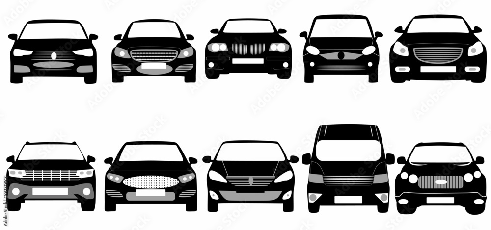 Car icon set. Front look. Vehicle silhouette isolated on white background Car icon set. Front look. Vehicle silhouette isolated on white background