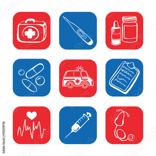 Symbole medyczne - zestaw ikon. Znaki związane z medycyną. Torba lekarska, termometr, tabletki, lekarstwa, ambulans, recepta, strzykawka, stetoskop, elektrokardiogram. Przybory lekarskie, lekarz