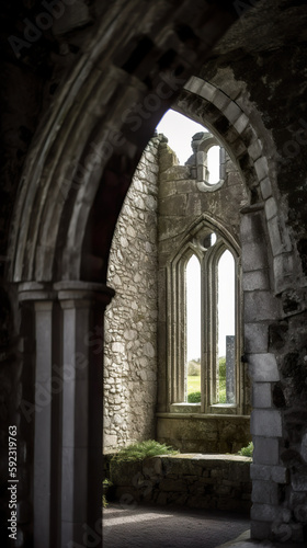 A close-up of a ruined Irish abbey, monastery or church overgrown with grass and shrubs, with historic ancient architecture still visible. AI generative.