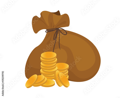 Concept Wild west money bag coins. The illustration is a flat vector design that showcases a concept of the Wild West with a cartoonish money bag and coins on a white background. Vector illustration.