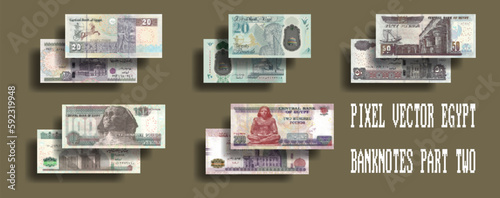 Vector set of pixel mosaic Egyptian banknotes. Paper and plastic bills, denominations of 20, 50, 100 and 200 pounds. Part two. photo