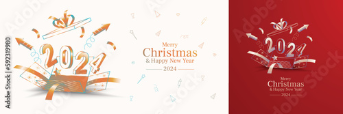 Happy new year 2024 with open gift box and 3D number. 2024 new year celebration greetings
