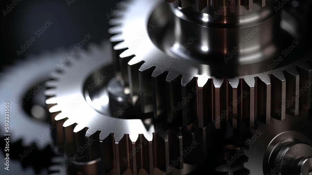 A close - up of gears and machinery, symbolizing innovation, with copyspace. Generative ai. A close - up of gears and machinery, symbolizing innovation, with copyspace. Generative ai.