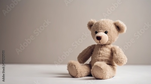 Teddy bear sitting on the floor in front of a wall. Generative ai toy bear with copy space