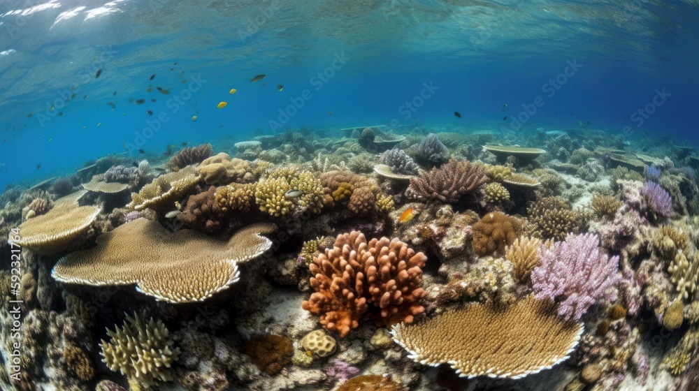 Fototapeta premium A pristine coral reef, vibrant and teeming with marine life. Generative ai.