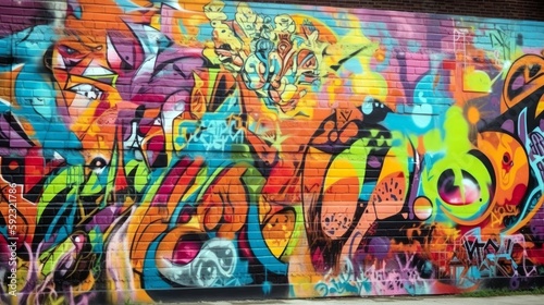 A vibrant graffiti wall  showcasing urban art and creativity  with copyspace. Generative ai.