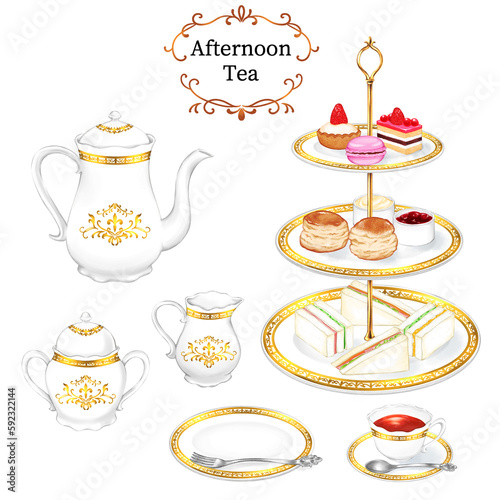 Afternoon tea set drawn with digital watercolor (golden pattern tableware)