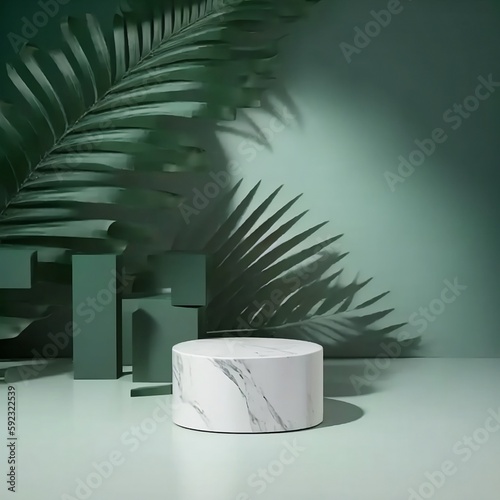 White podium with palm tree leaf shadow over dark green natural background wall, Display podium for products, Trendy Abstract studio, 3d render illustration, Created using generative AI