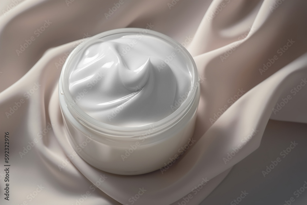 Jar of white cream and swirling pastel-colored soft cloth, close-up. Tenderness, care and moisturizing concept. Generative AI