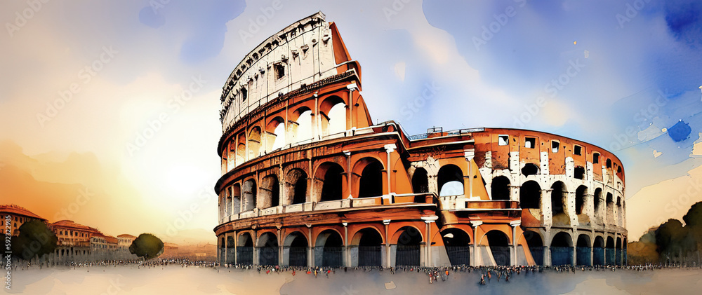 Watercolor postcard with historical part of Rome, Italy. Amphitheater, Colosseum, columns, Generative AI.
