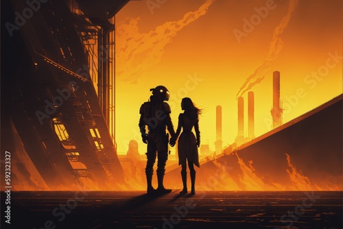 A futuristic couple stands in the advanced forge, sci-fi setting. Fantasy concept , Illustration painting. Generative AI