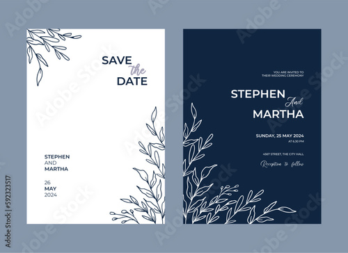 Floral wedding invitation template with organic hand drawn leaves and flowers decoration simple minimalist on white and dark blue background