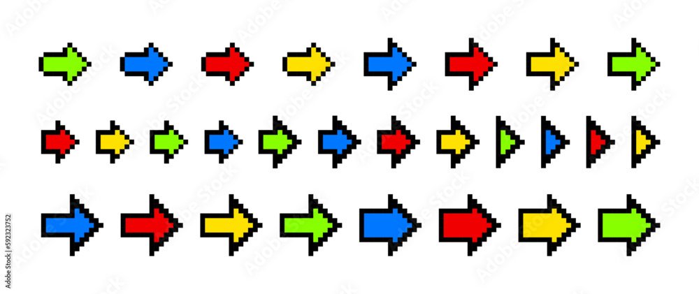 Pixel 8 bit arrow vector set. 8bit collection of pixelated direction arrows. isolated icons. pixel art.
Pixel 8 bit arrow vector set. 8bit collection of pixelated direction arrows. isolated icons. pixel art.