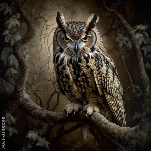 A majestic owl perched on a branch, symbolizing knowledge and wisdom, with piercing eyes and powerful wings. The surrounding landscape invites exploration of knowledge and understanding. 