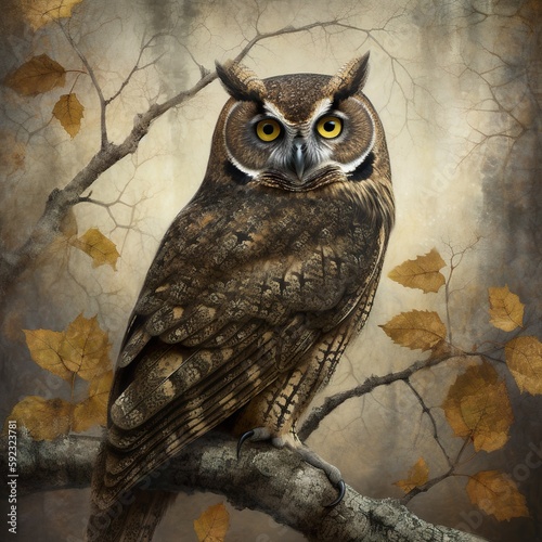 A majestic owl perched on a branch, symbolizing knowledge and wisdom, with piercing eyes and powerful wings. The surrounding landscape invites exploration of knowledge and understanding. 