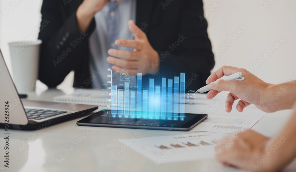 Two businessman consult analyzing company financial cash flow result. Concept for teamwork business corporate meeting and economy fund. Two businessman consult analyzing company financial cash flow result. Concept for teamwork business corporate meeting and economy fund.