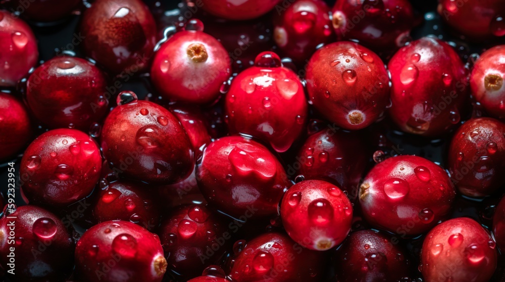 Fresh healthy & organic cranberries with drops of water. From above. Close up. Macro. Fruit. Food magazine. Food Design. Close up of cranberries. Cranberries. Generative AI. Fresh healthy & organic cranberries with drops of water. From above. Close up. Macro. Fruit. Food magazine. Food Design. Close up of cranberries. Cranberries. Generative AI.