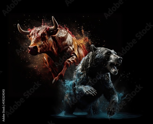 Fight between the Bull and Bear markets. Battle for the economy, created with generative AI technology