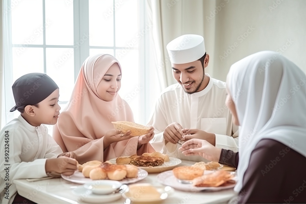 group of happy muslim having dinner during ramadan celebration,family cooking together, ai generative group of happy muslim having dinner during ramadan celebration,family cooking together, ai generative