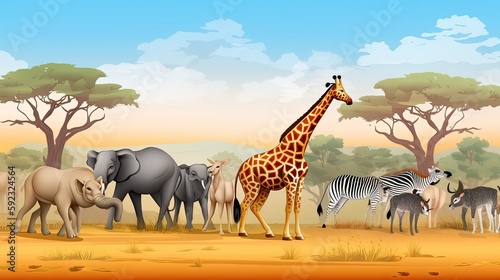 animal ,giraffe in the savannah,Group of Safari Animal Friendship, ai generative