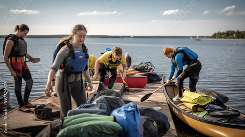 Group of teenagers loading canoes with their gear at a dock or boat rental. They are all smiling and joking around as they pack their belongings, AI generative