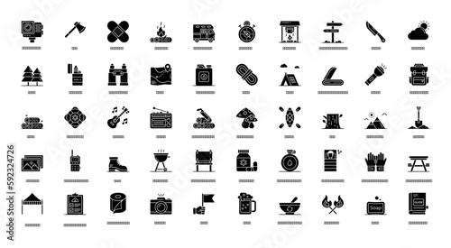 Camping Glyph Icons Vacation Mountains Icon Set in Glyph Style 50 Vector Icons in Black