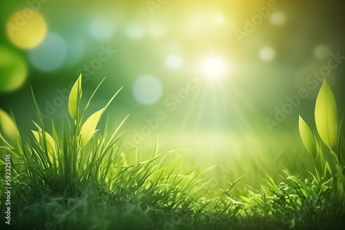 Fresh green grass background in sunny summer day in park. Close-up freshness summer, spring grass in a field on nature in evening at sunset. generative ai 