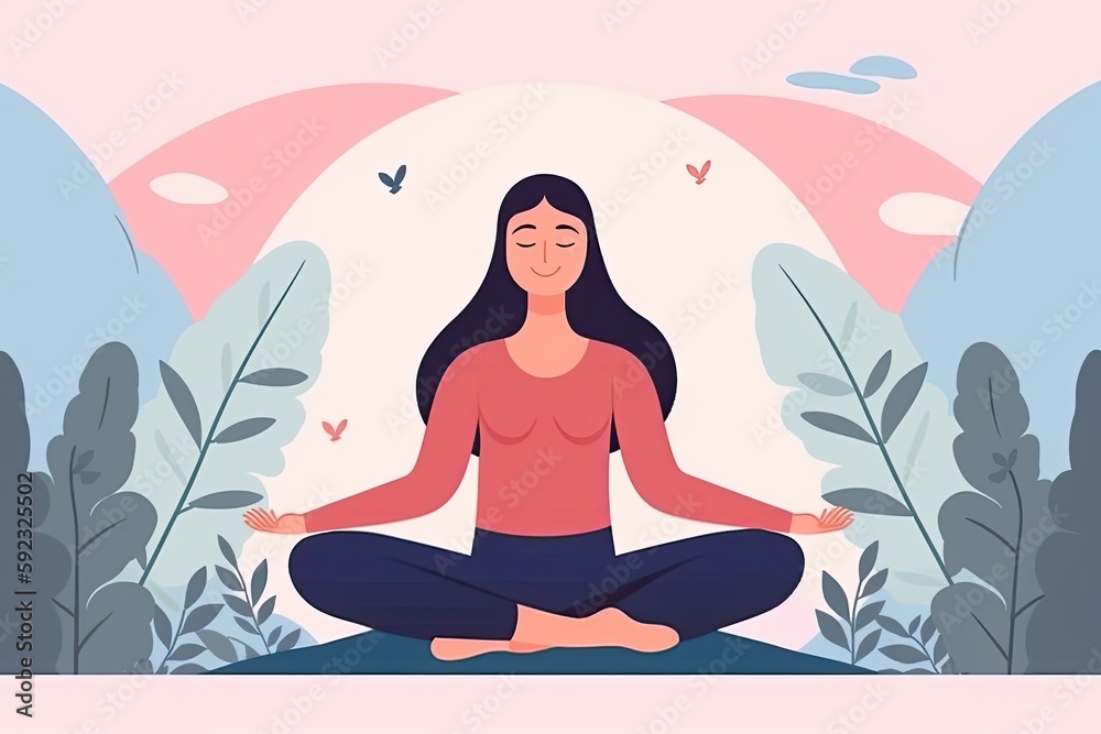 Woman meditating in nature and leaves. Concept illustration for yoga, meditation, relax, recreation, healthy lifestyle. ai generative Woman meditating in nature and leaves. Concept illustration for yoga, meditation, relax, recreation, healthy lifestyle. ai generative