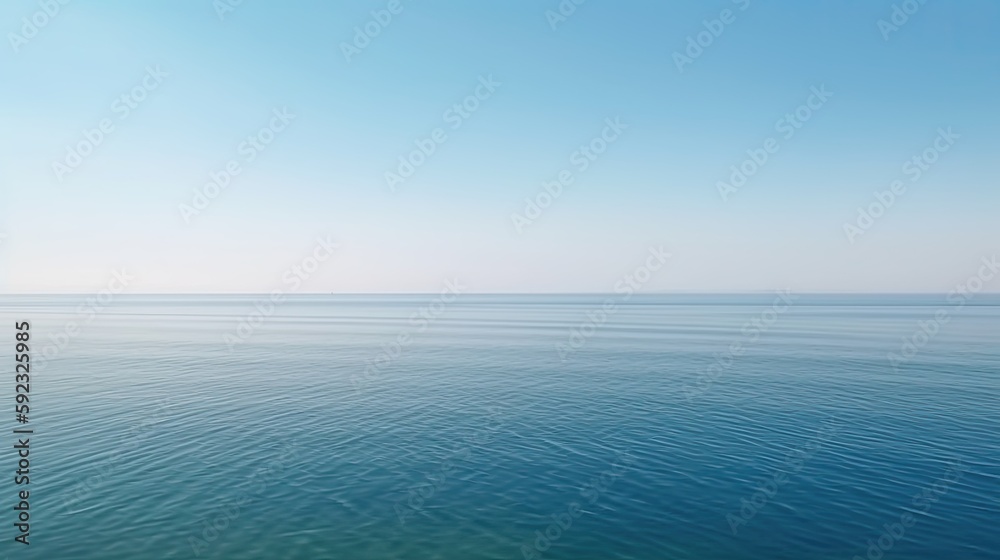 Tranquil minimalist landscape with a smooth blue sea surface with calm waters with a horizon and clear skies. Simple beautiful natural calm background. Generative AI.