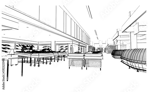 Line drawings of supermarkets selling various food items.,3d rendering