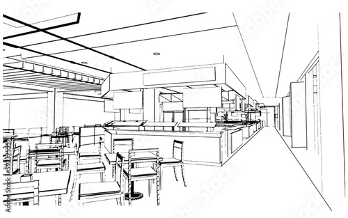 line drawing of the area of the department store hall, the food store section,3d rendering
