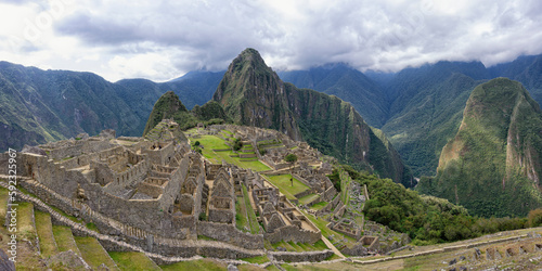 Machu Picchu, UNESCO World Heritage Site, ruined city of the Incas with Mount Huayana Picchu, Andes Cordillera, Urubamba province, Cusco, Peru photo