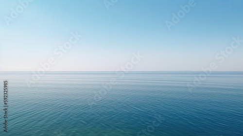 Tranquil minimalist landscape with a smooth blue sea surface with calm waters with a horizon and clear skies. Simple beautiful natural calm background. Generative AI.