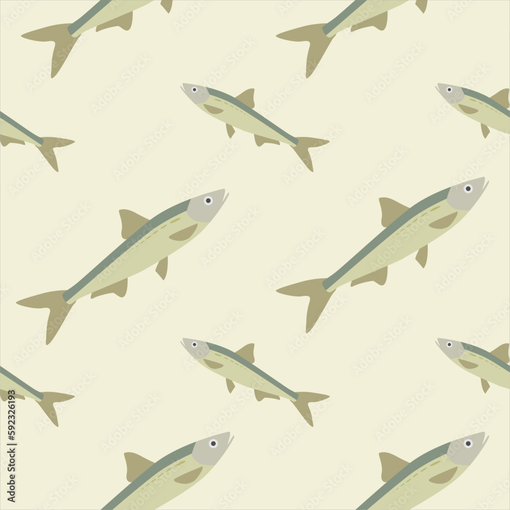 saltwater fish seamless pattern vector illustration. Marine dweller with colorful body and fins for swimming. Modern print for fabric, textiles, wrapping paper. Vector illustration