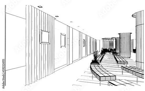 line drawing of the waiting area in the service station,3d rendering