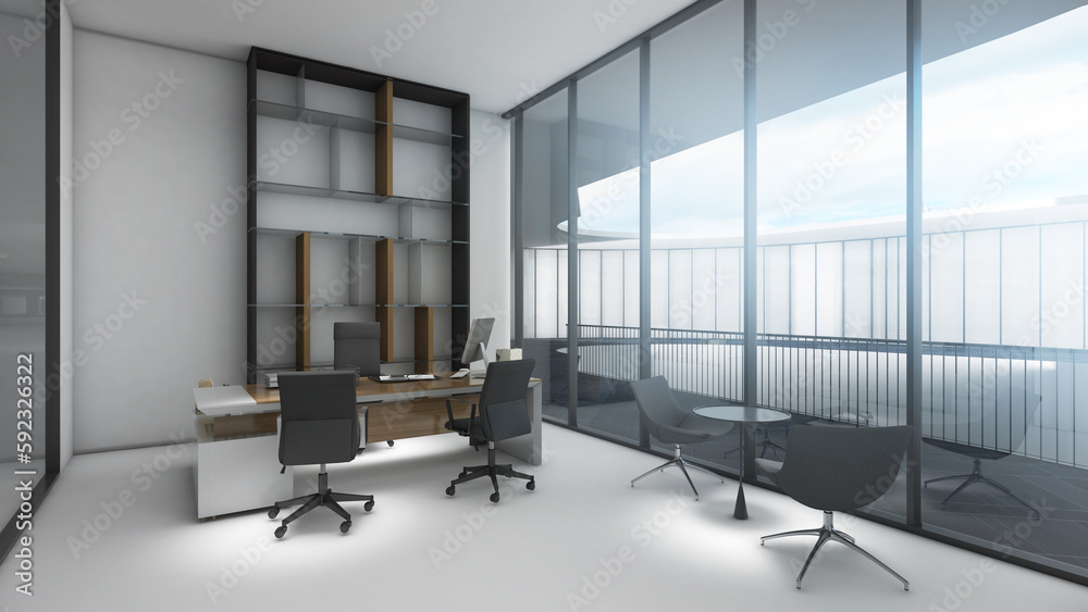 Fototapeta premium Company executive office Wooden floor, white walls and executive desk.,3d rendering