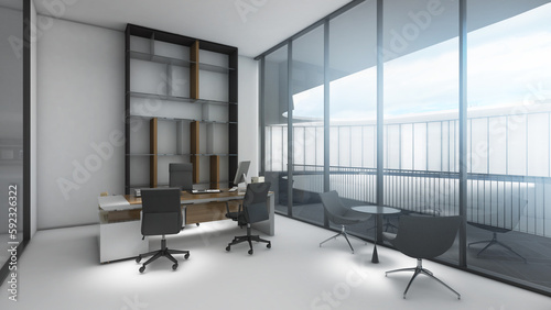 Company executive office Wooden floor, white walls and executive desk.,3d rendering