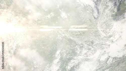 Earth zoom in from space and focus on Prairie Village, Kansas, USA. 3D Animation. Background for travel intro.