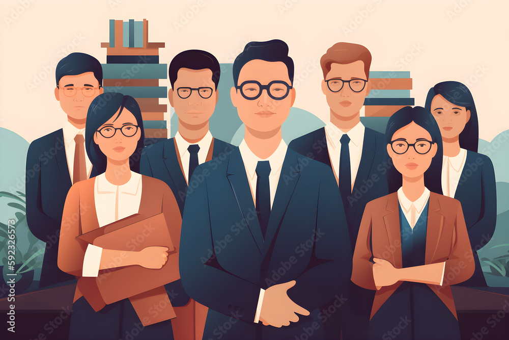 Flat vector illustration Office portrait, CEO and businessman happy about startup law firm, business development or business success. Happiness, Workplace and Taiwanese Lawyer Pride in Profession, Job