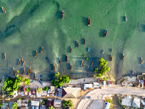 Aerial view of boats moored in the exotic lagoon, Mkokotoni, Zanzibar, Tanzania