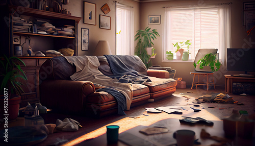 mess, disorder and interior concept - view of messy home kids room with scattered stuff. Bachelors Apartment. photo